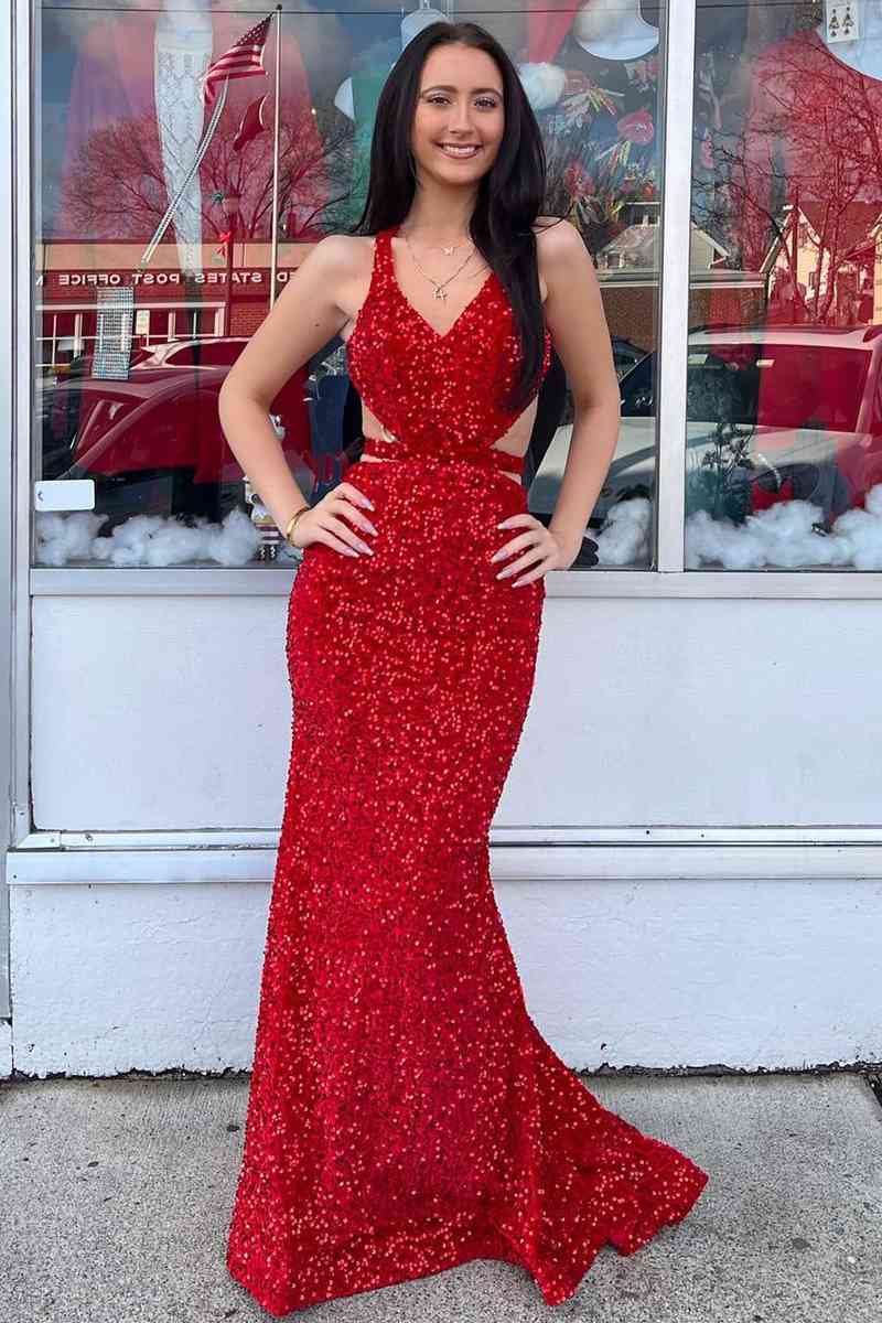 V-neckline Red Sequin Evening Prom Dresses Mermaid Style