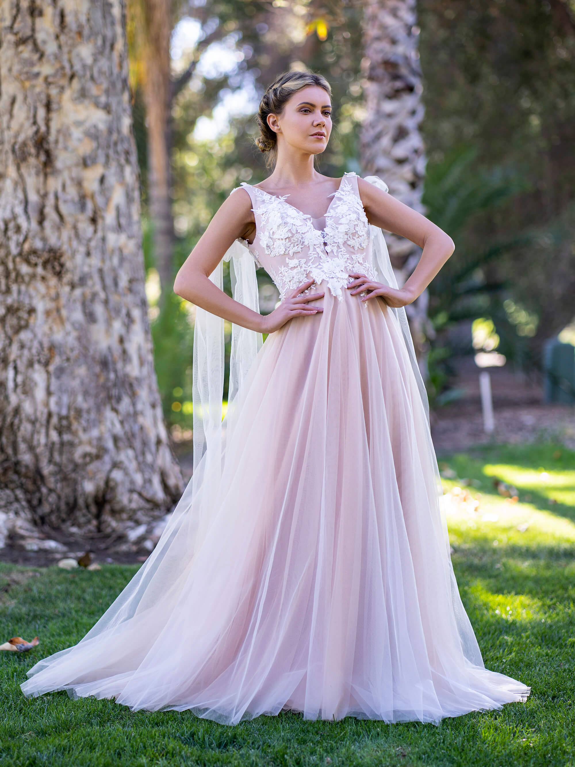 Long Blush Pink Lace Prom Dress with Tulle Skirt