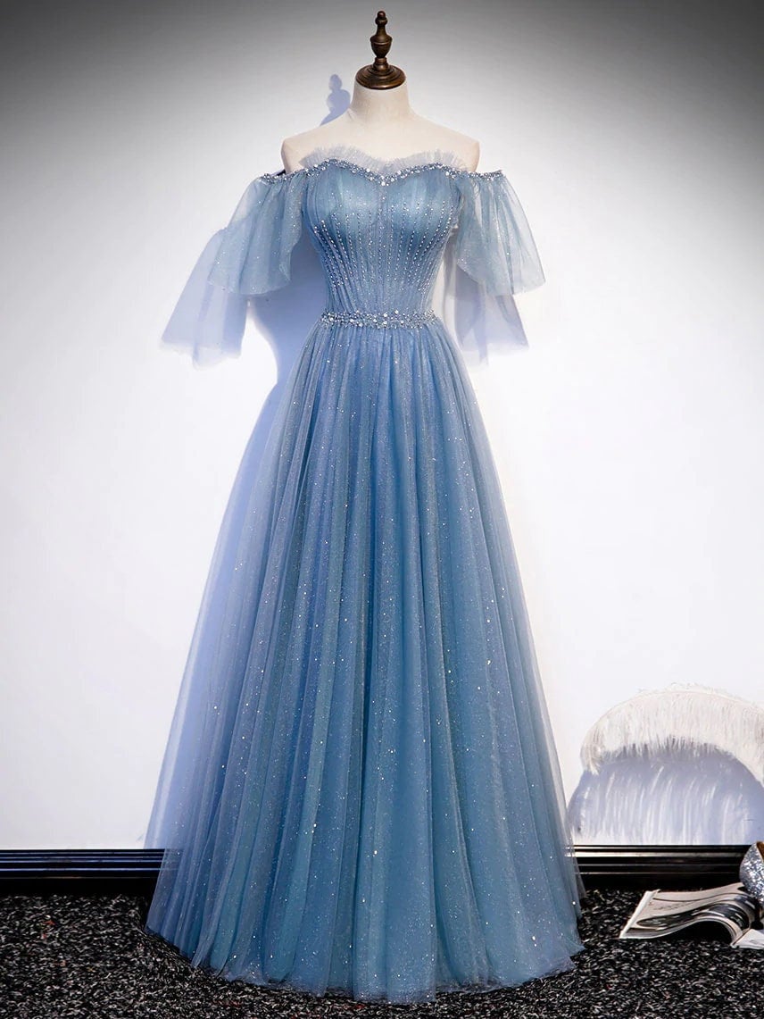 Sparkly Sky Blue Tulle Sequins Long Prom Dresses Straps Evening Dresse –  winkbridal