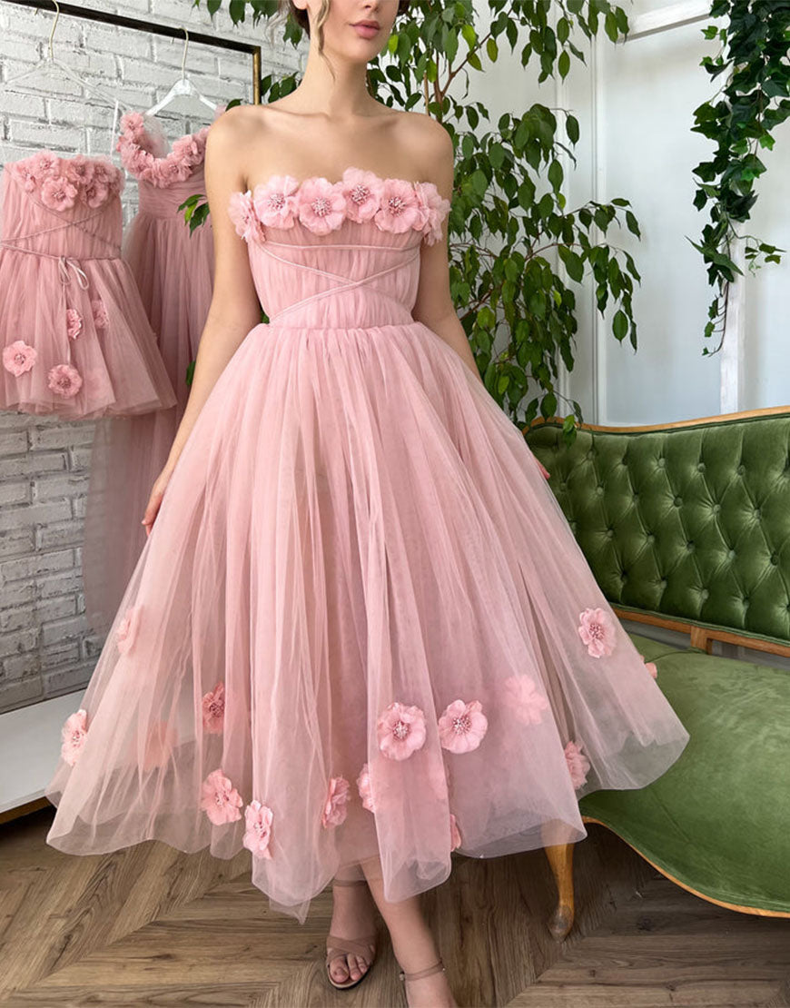 Pink prom shop dress with flowers