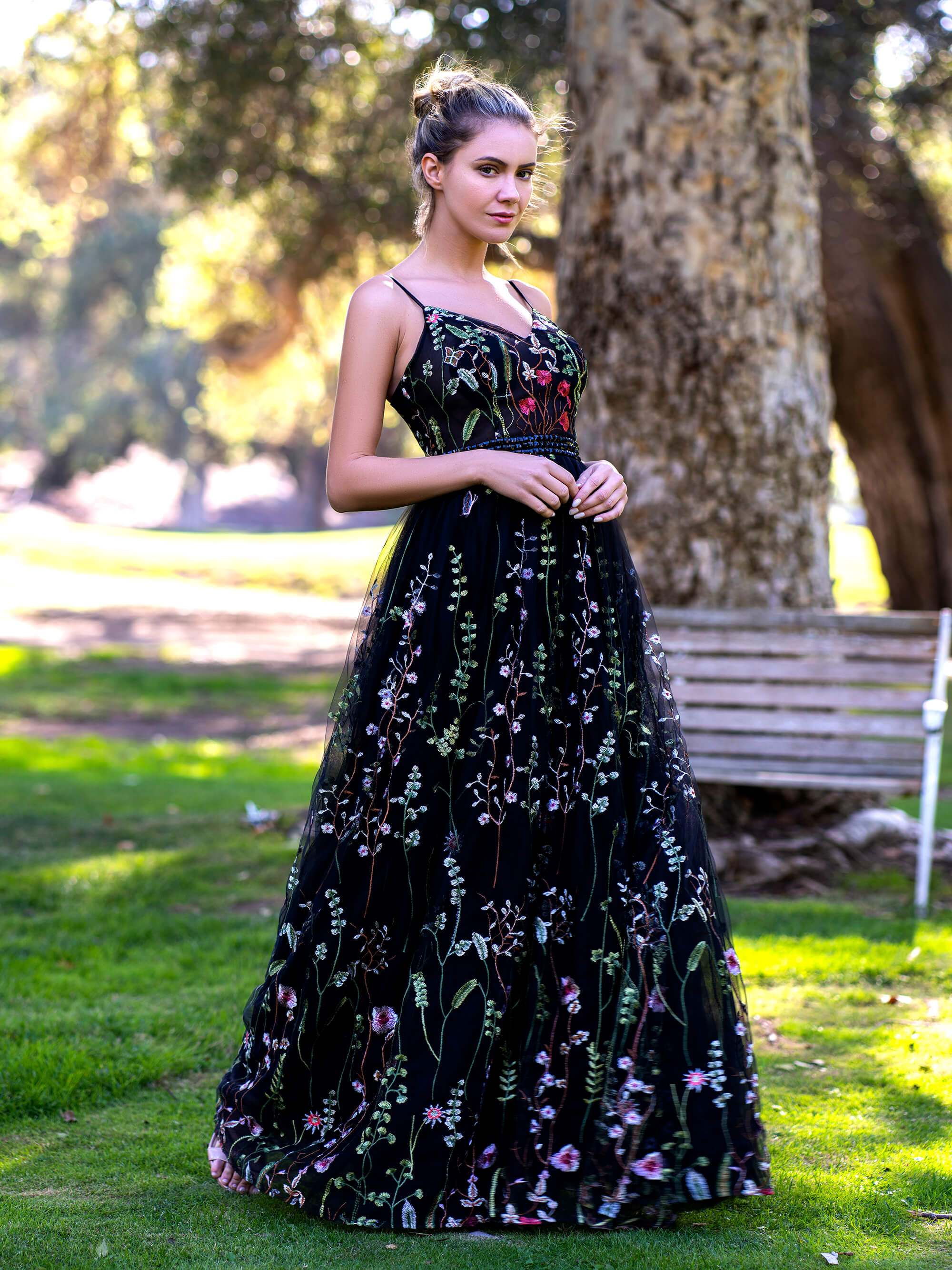 Black and 2025 floral prom dress