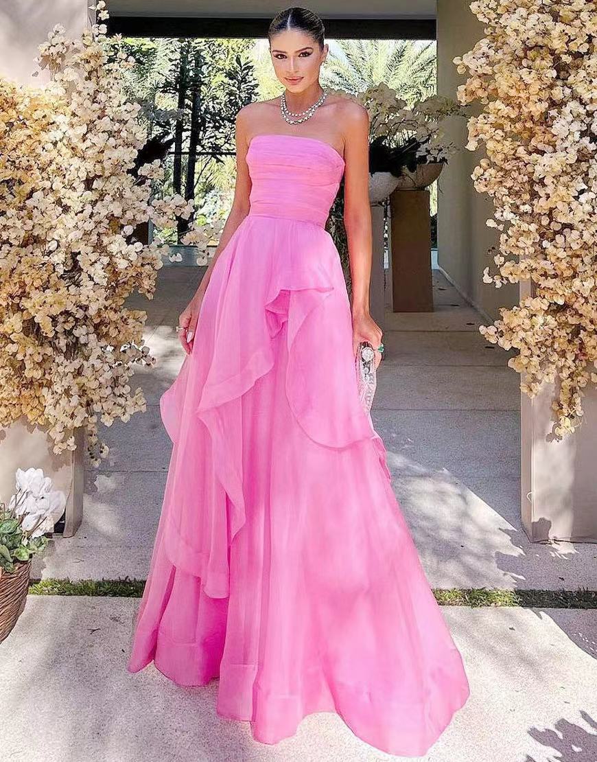 Elisa Light Pink A Line Strapless Organza Prom Dress