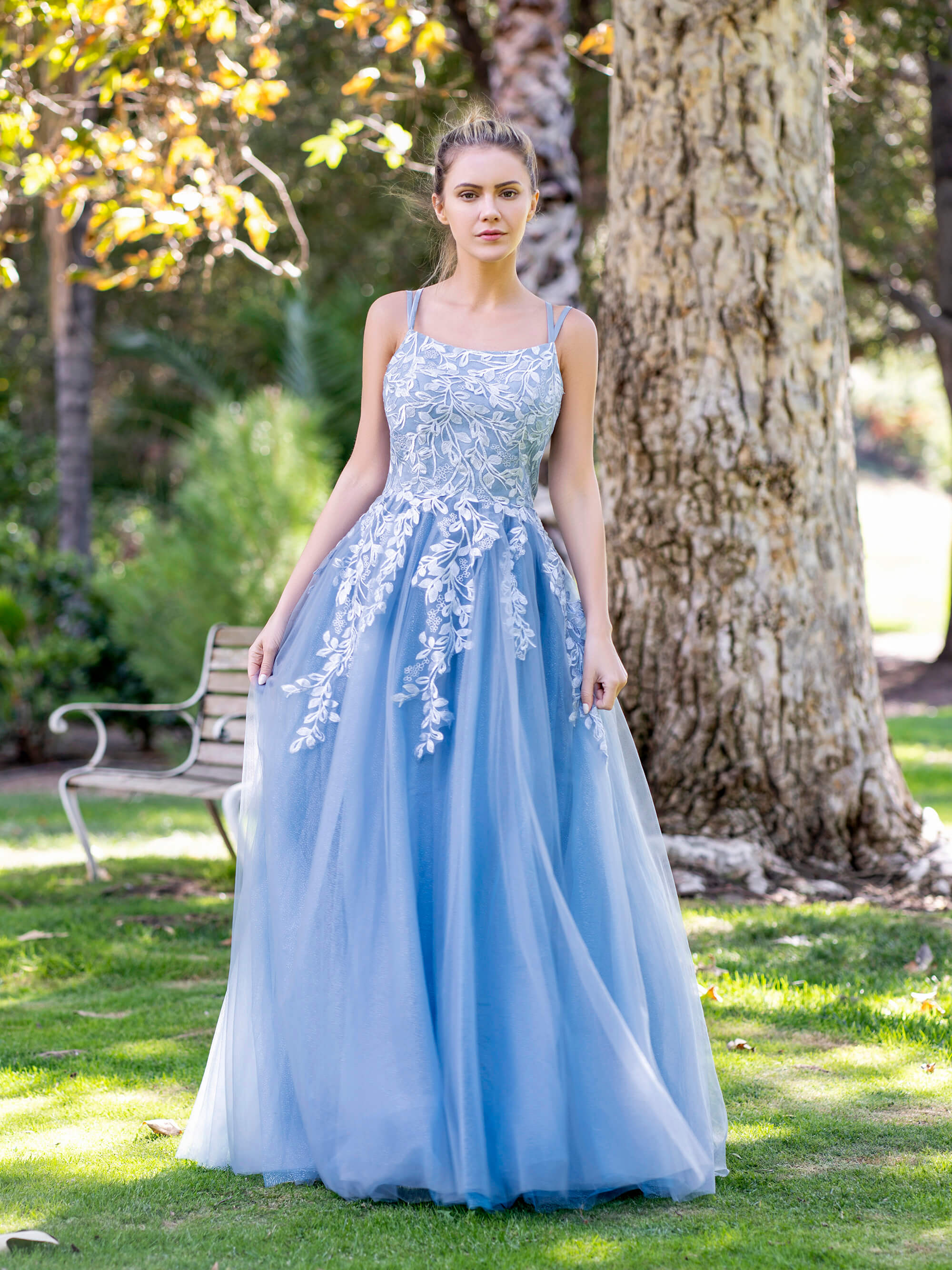 White and blue outlet floral prom dress