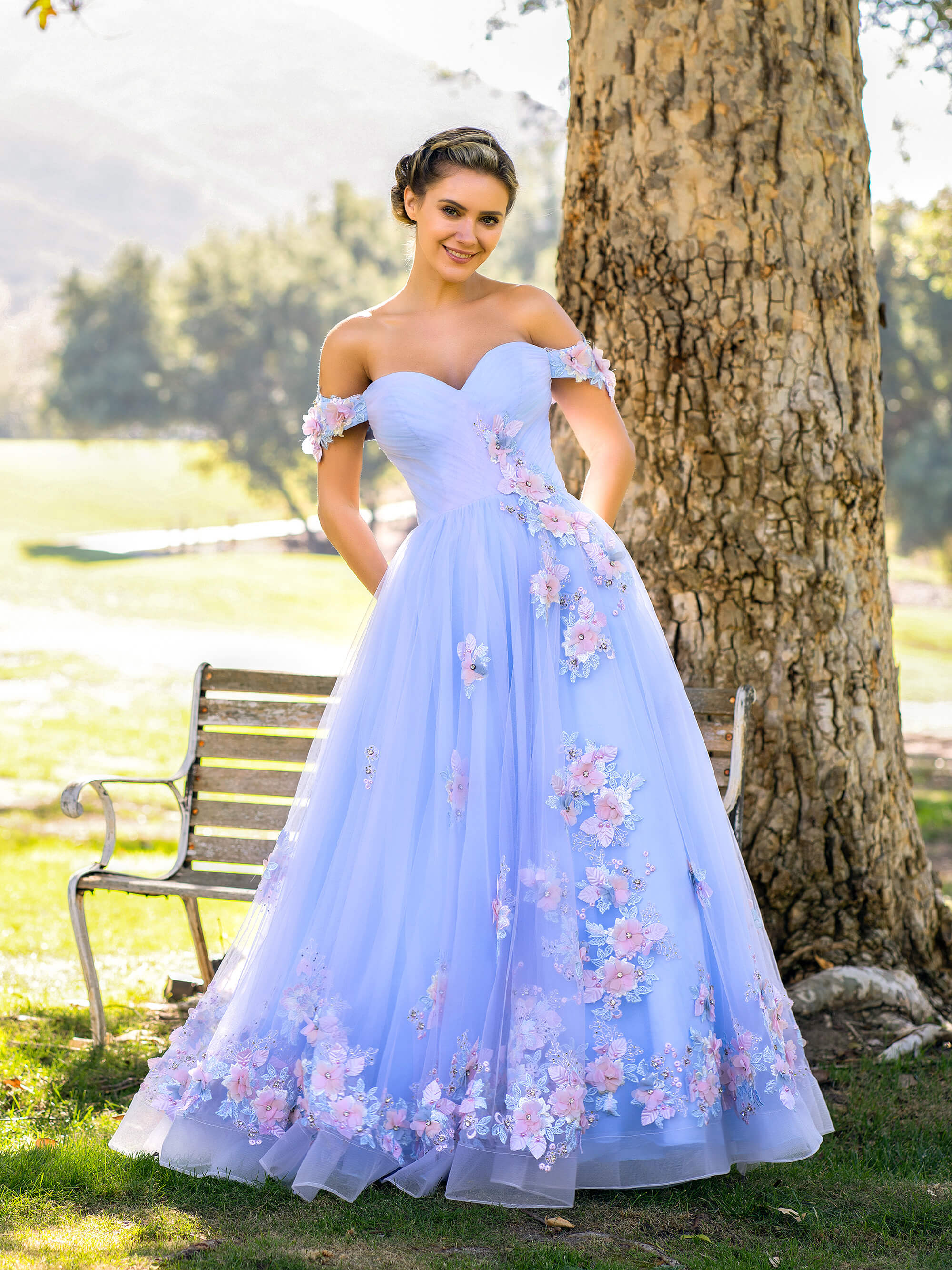 Bernadette A Line off the shoulder Applique Tulle Floor Length Prom Dress