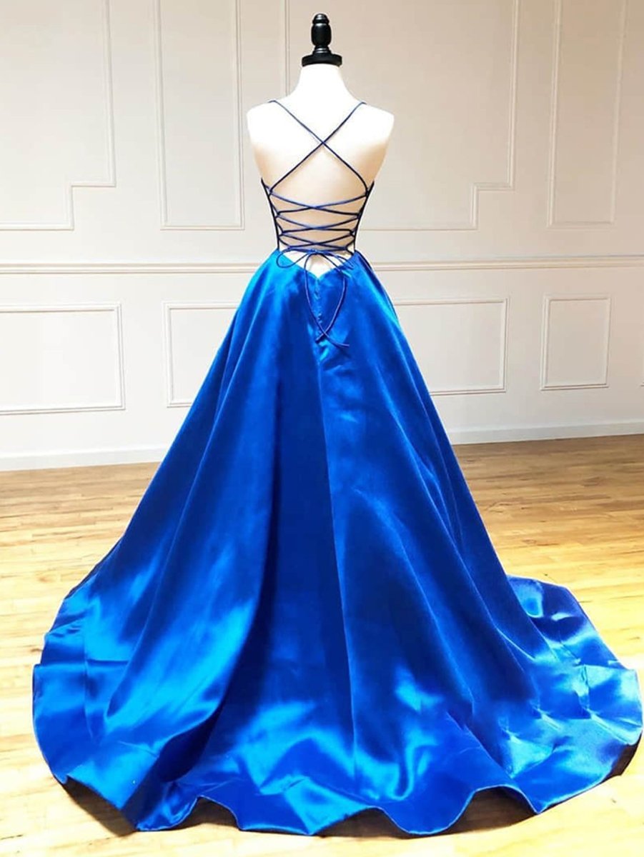 Royal Blue Satin A Line V Neck Long Prom Dress - KissProm