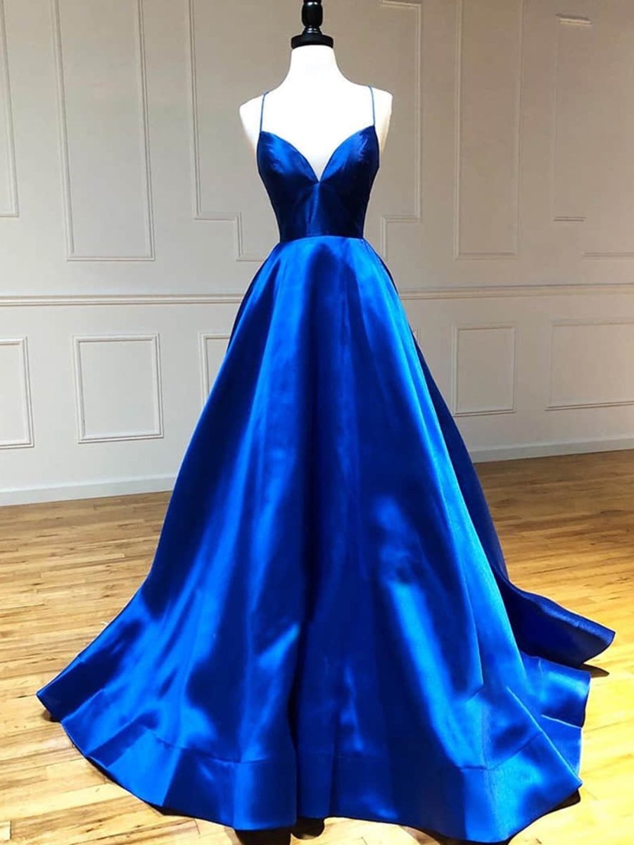 Royal Blue Satin A Line V Neck Long Prom Dress - KissProm