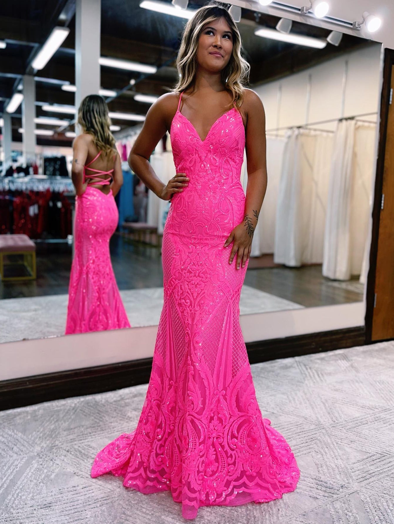 V Neck Pink Glitter Backless Mermaid Bodycon Long Prom Dress | KissProm