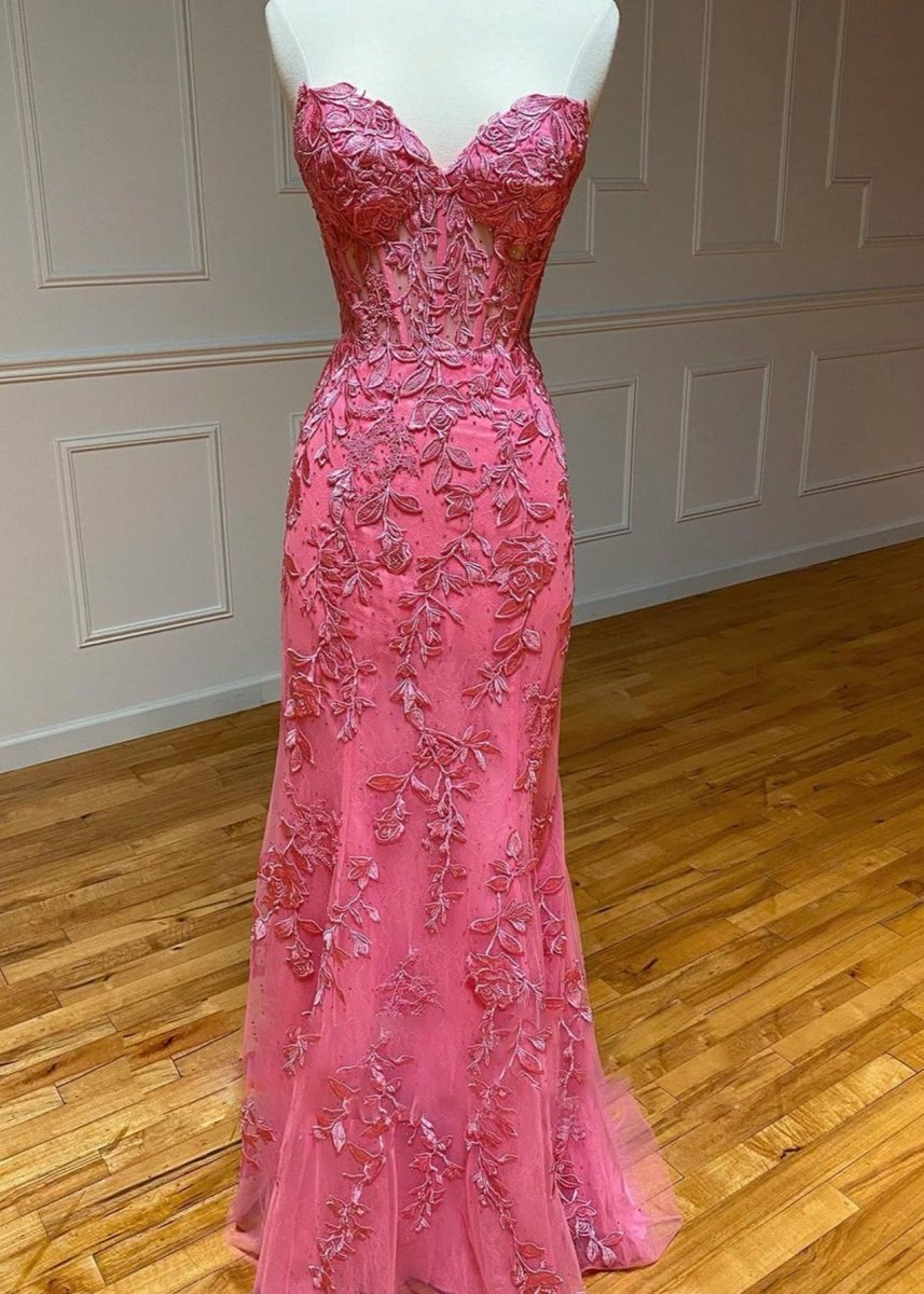 Evie |Mermaid Strapless Lace Prom Dress With Appliques - KissProm