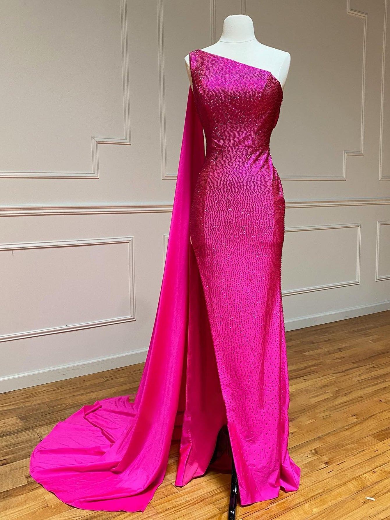 One Shoulder Glitter Mermaid Pink Long Prom Dress | KissProm