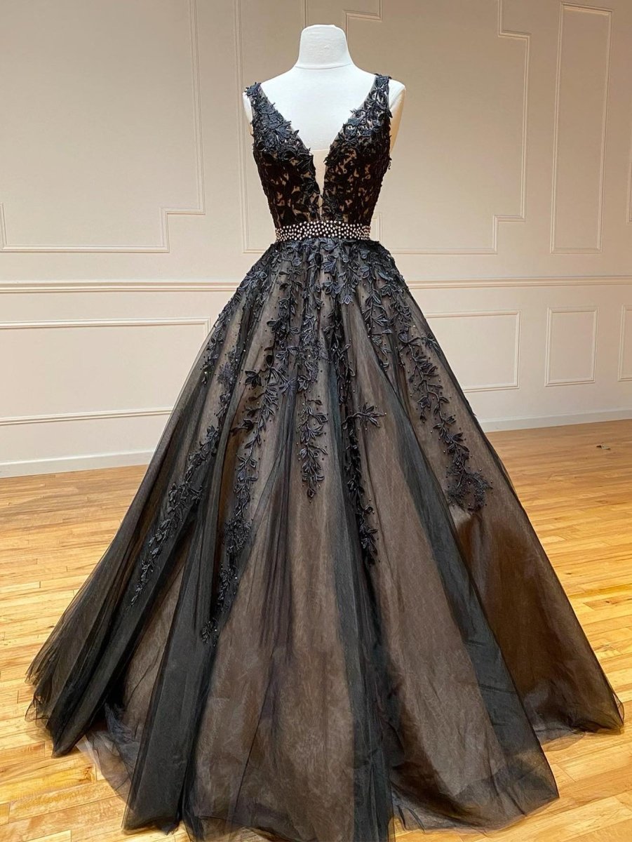 A Line Black V Neck Lace Long Prom Dress - KissProm