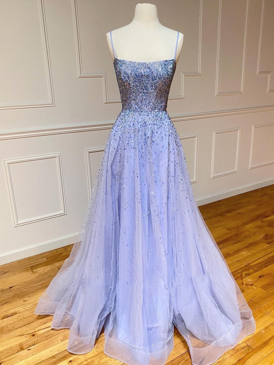 Light Blue Glitter Tulle Long Prom Dress - KissProm