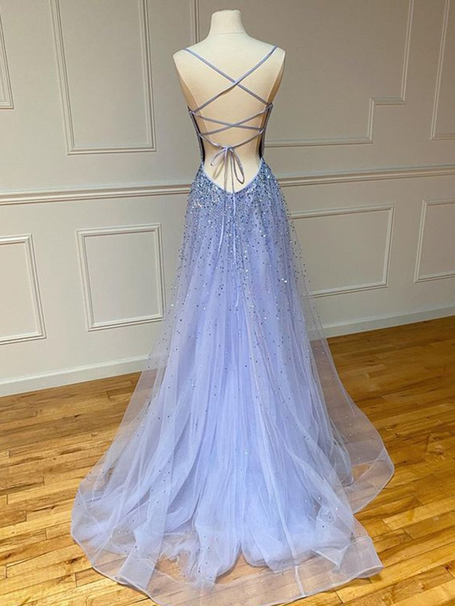 Light Blue Glitter Tulle Long Prom Dress - KissProm