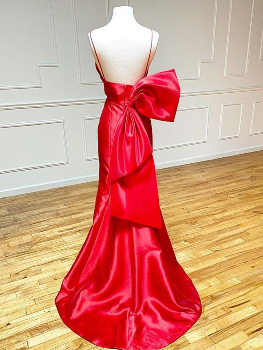 Red Satin Mermaid V Neck Long Prom Dress With Bow Tie - KissProm