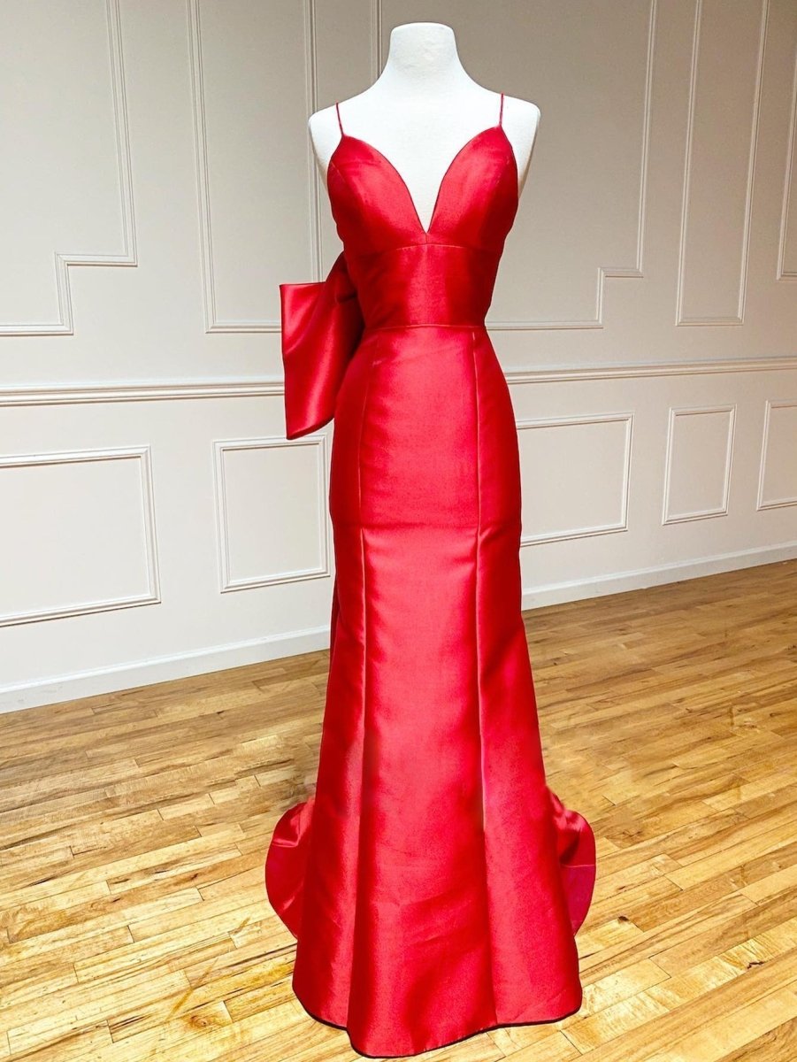 Red Satin Mermaid V Neck Long Prom Dress With Bow Tie - KissProm