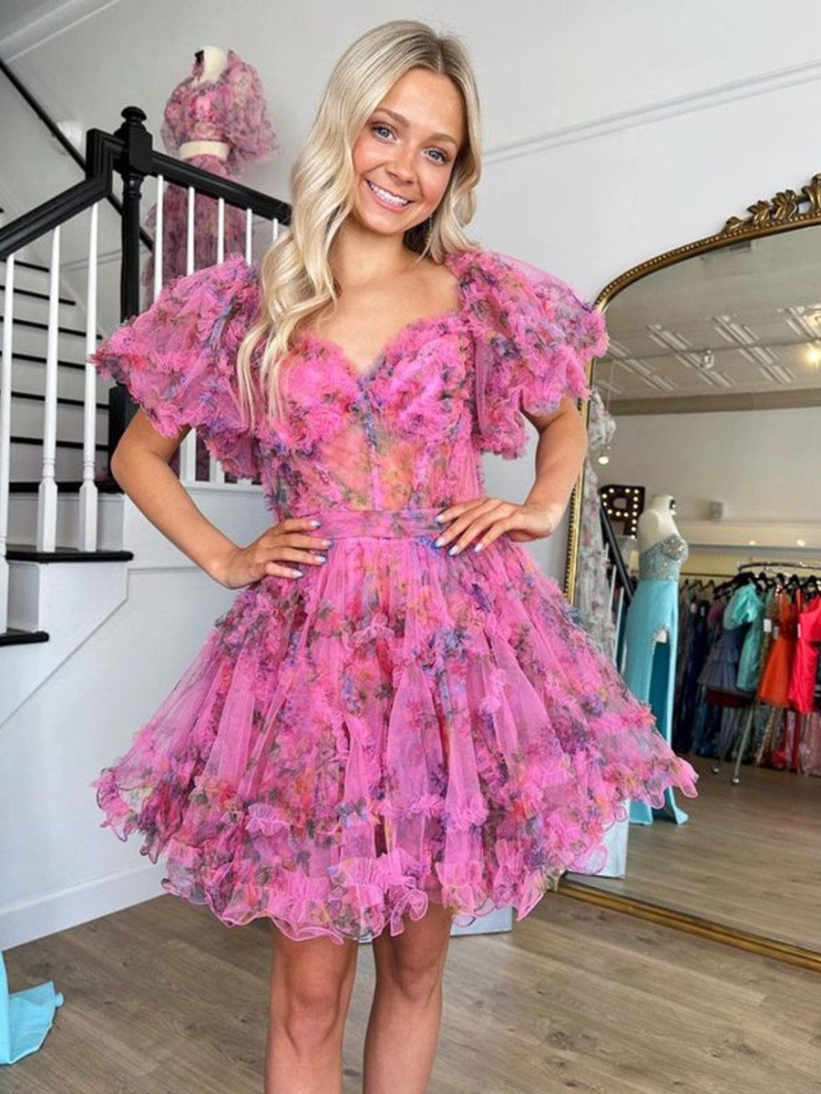 Ivana | Pink A Line Off the Shoulder Floral Printed Homecoming Dress - KissProm