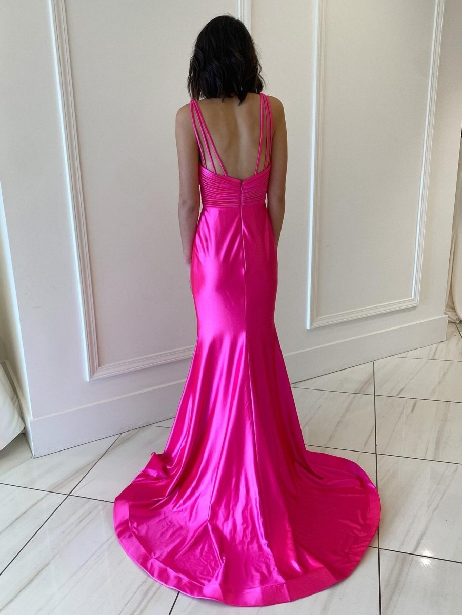 Backless Pink V Neck Long Prom Dress - KissProm