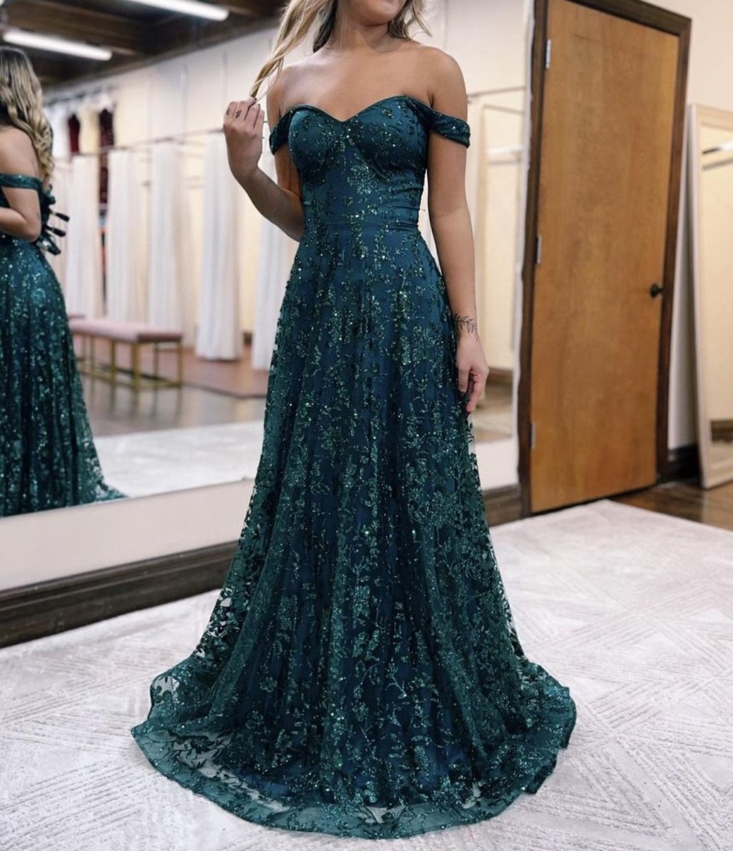 Glitter Mermaid Off The Shoulder Dark Green Long Prom Dress - KissProm