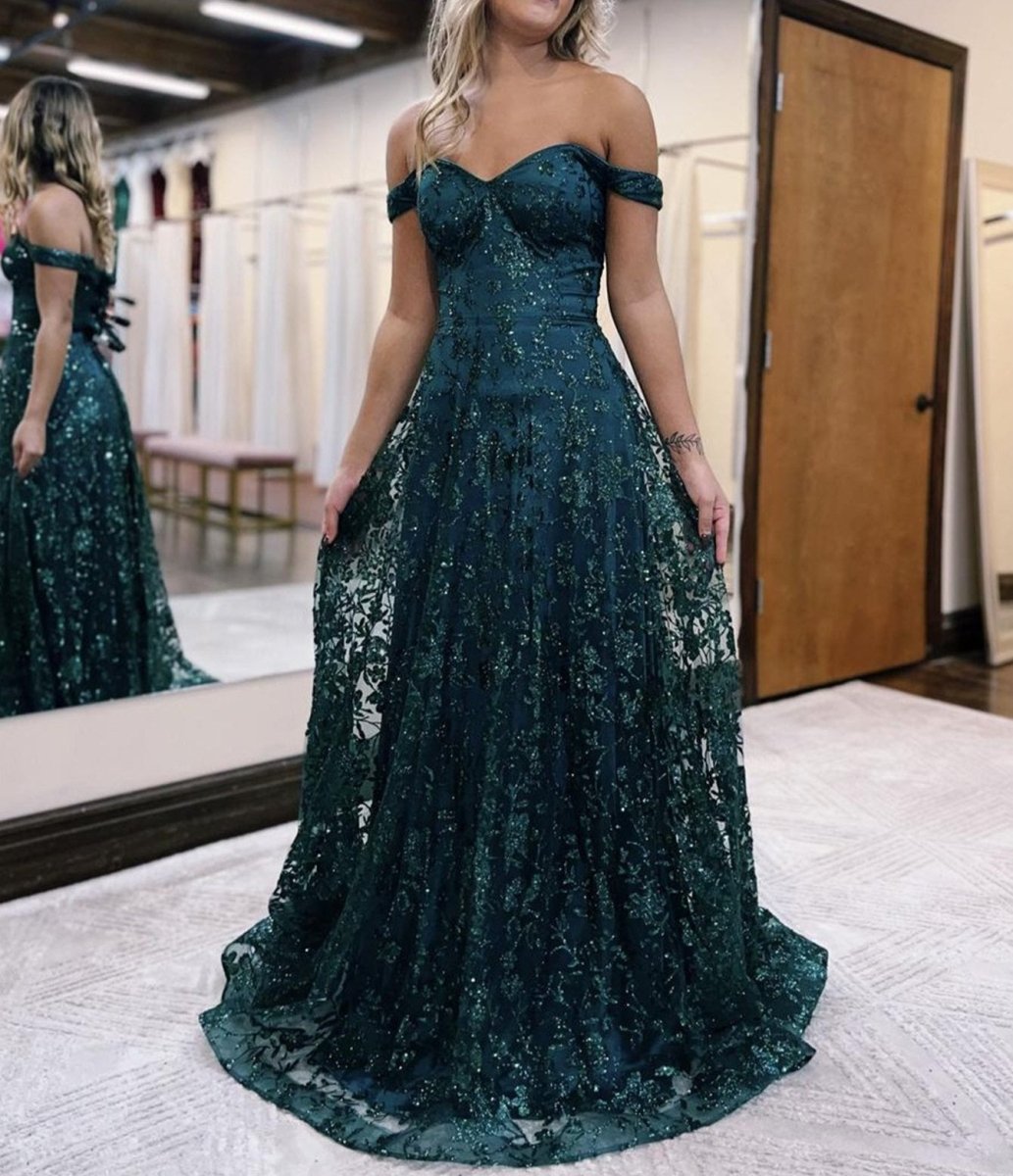 Glitter Mermaid Off The Shoulder Dark Green Long Prom Dress - KissProm