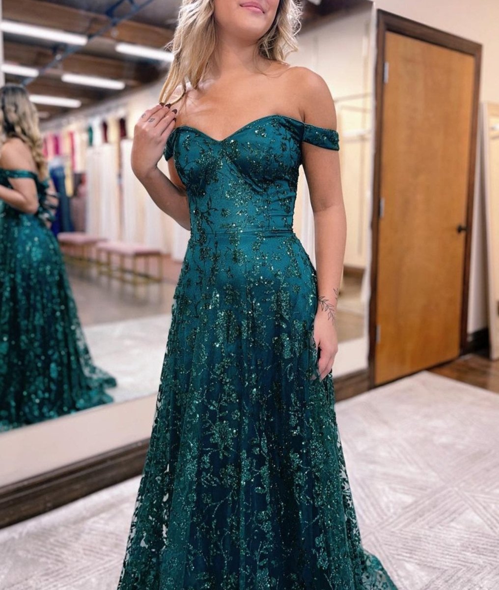 Glitter Mermaid Off The Shoulder Dark Green Long Prom Dress - KissProm