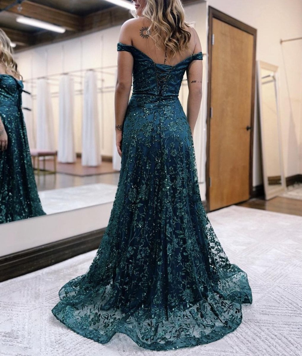 Glitter Mermaid Off The Shoulder Dark Green Long Prom Dress - KissProm