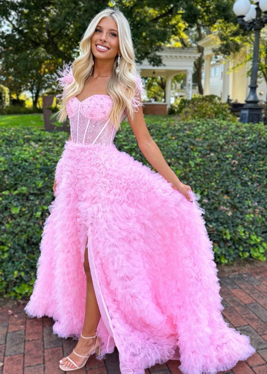 Ingrid |A Line Sweetheart Tiered Tulle Long Prom Dress With Slit - KissProm