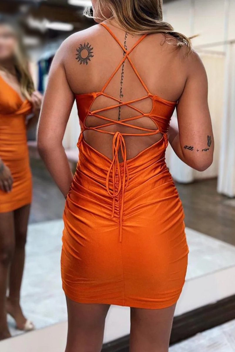 Journi | Orange Lace - Up Back Spaghetti Straps Tight Short Homecoming Dress - KissProm