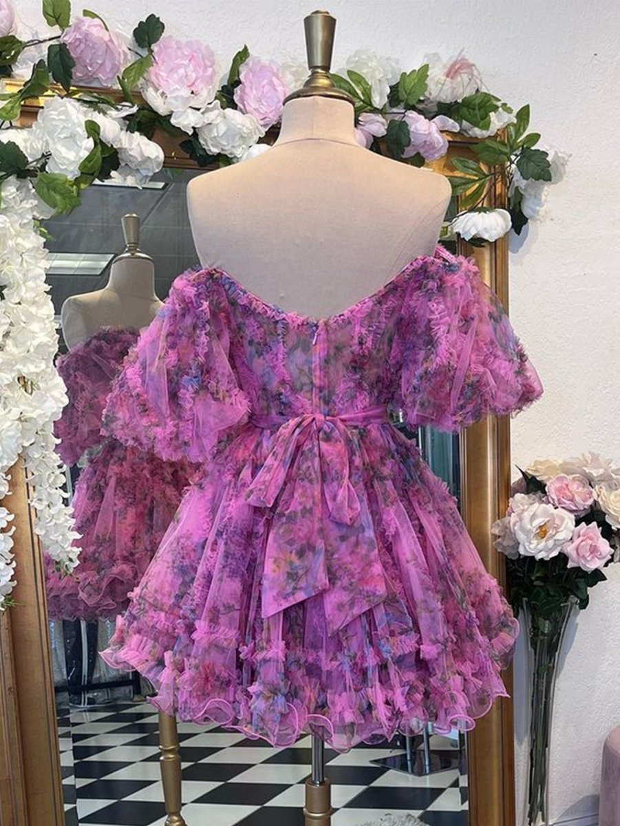 Ivana | Pink A Line Off the Shoulder Floral Printed Homecoming Dress - KissProm