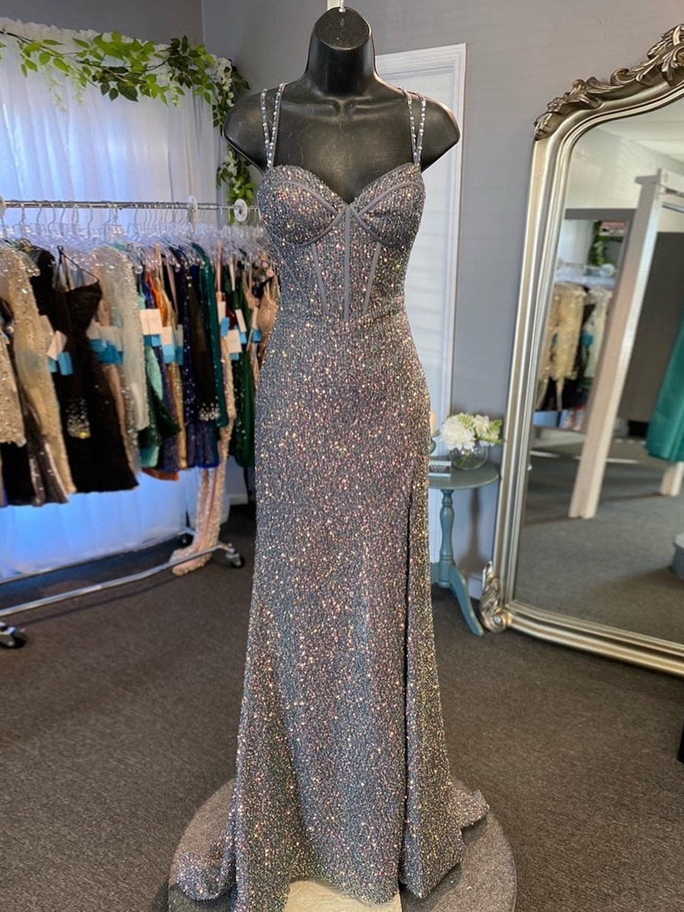 Grey glitter deals prom dress