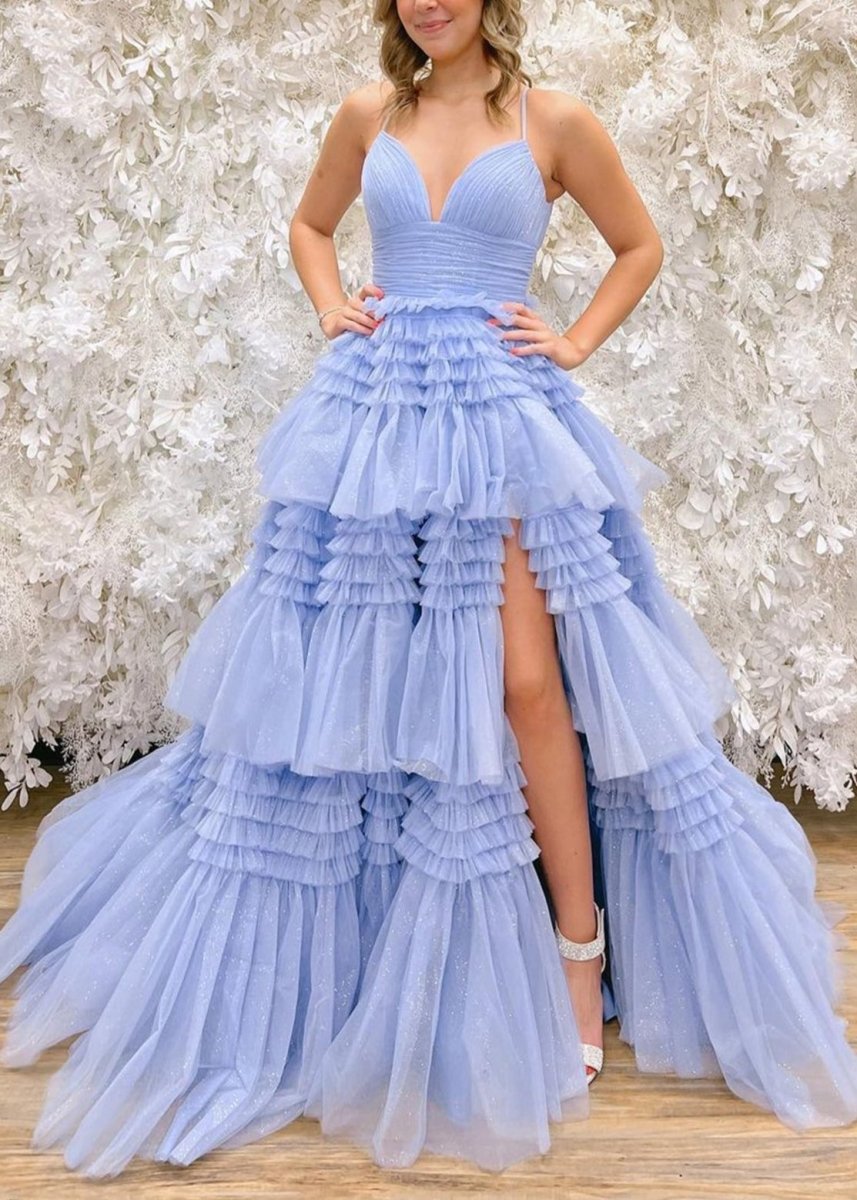 Amanda | Tulle Deep V Neck Spaghetti Straps Long Prom Dress - KissProm