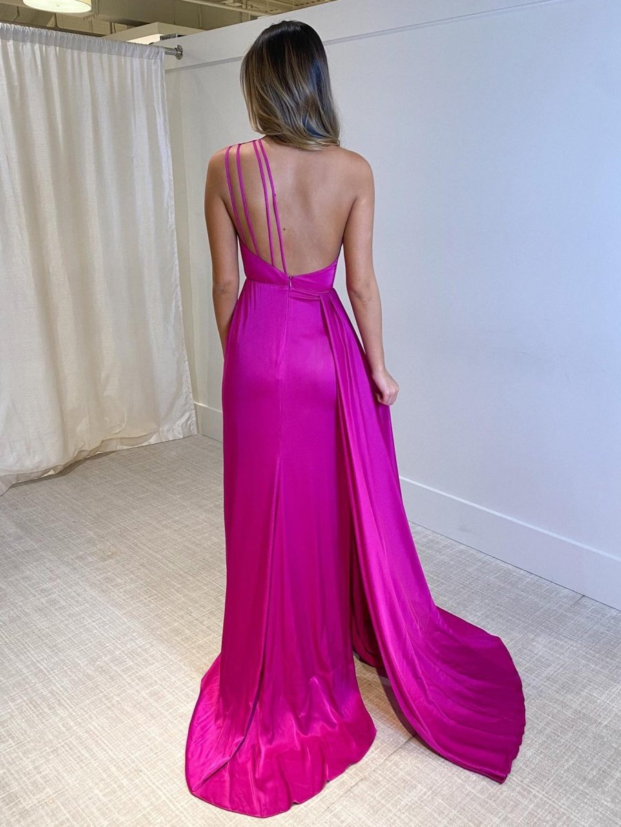 Amelie | Mermaid One Shoulder Fuchsia Long Prom Dress - KissProm