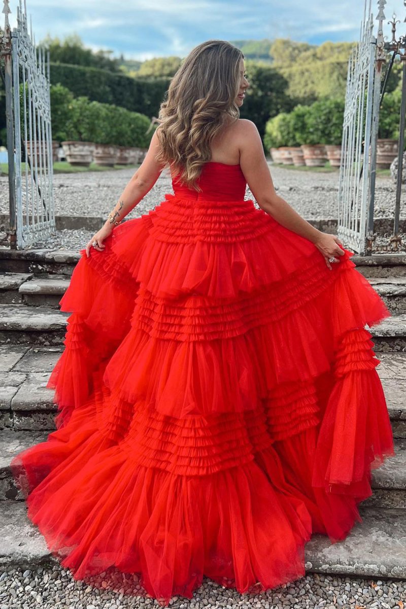 Daniela |A - Line Strapless Tulle Long Prom Dress with Tiered Ruffles - KissProm