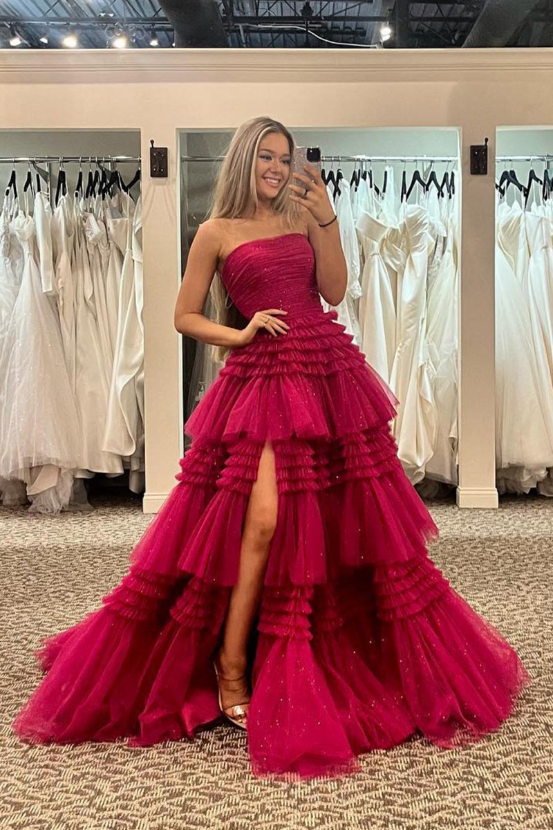 Daniela |A - Line Strapless Tulle Long Prom Dress with Tiered Ruffles - KissProm