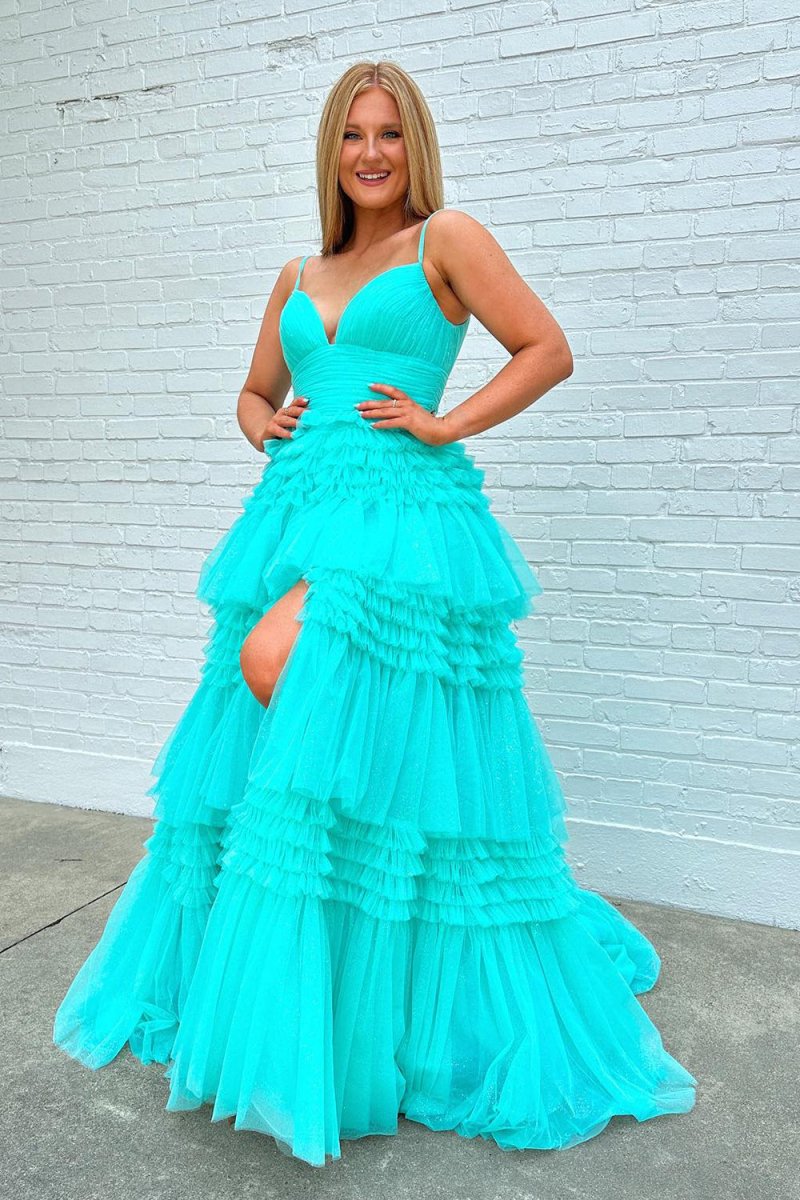 Amanda | Tulle Deep V Neck Spaghetti Straps Long Prom Dress - KissProm