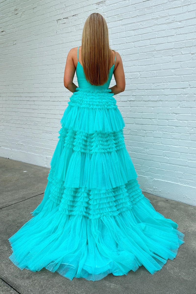 Amanda | Tulle Deep V Neck Spaghetti Straps Long Prom Dress - KissProm