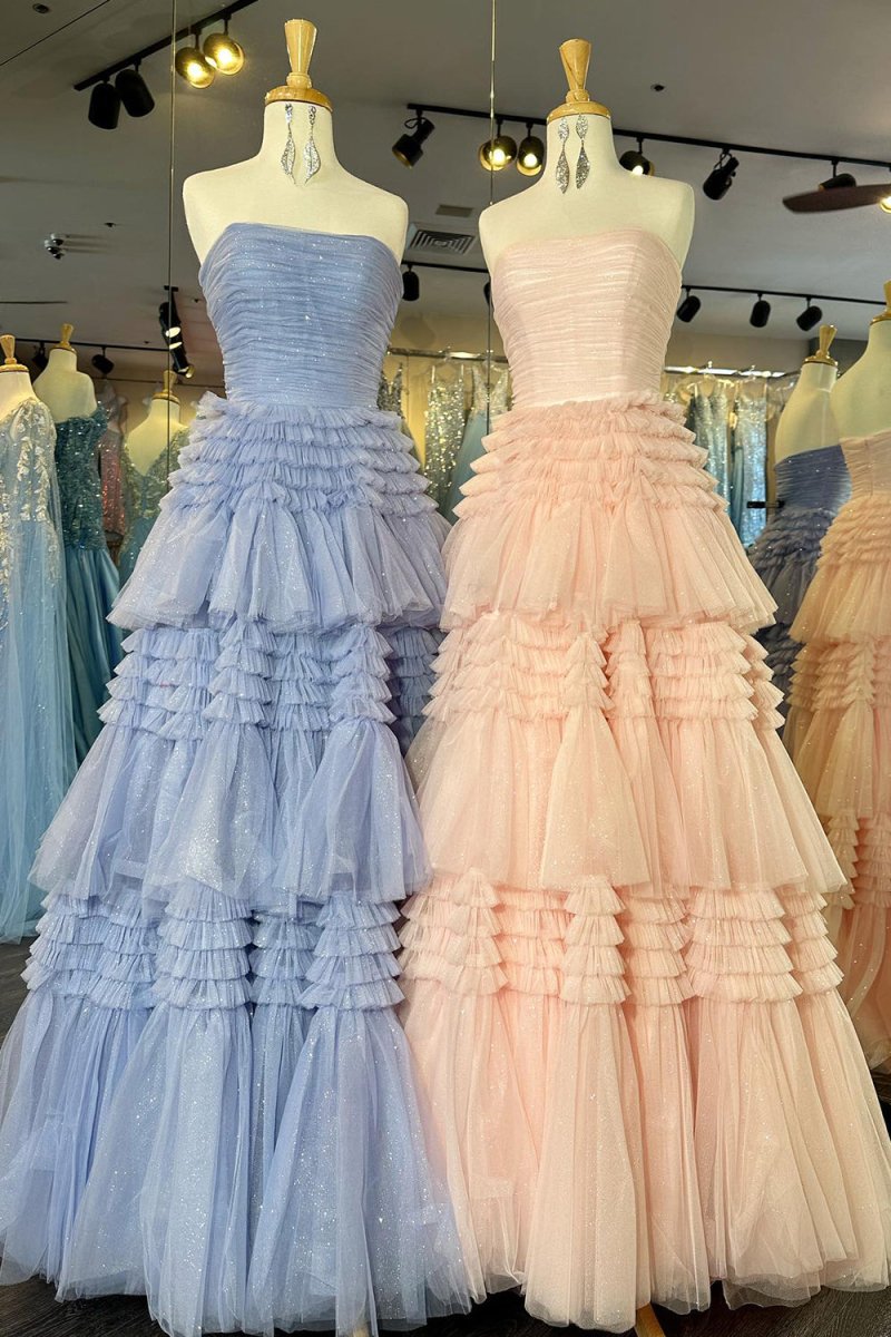 Daniela |A - Line Strapless Tulle Long Prom Dress with Tiered Ruffles - KissProm