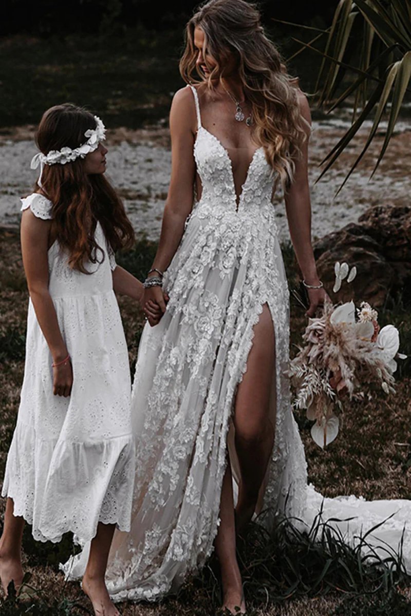 Henley | White Boho A - Line Lace Wedding Dress with Appliques - KissProm