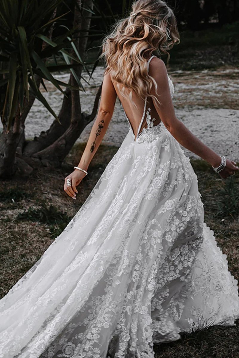 Henley | White Boho A - Line Lace Wedding Dress with Appliques - KissProm