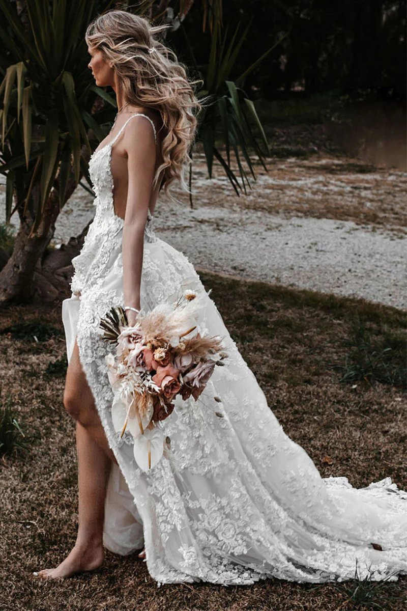 Henley | White Boho A - Line Lace Wedding Dress with Appliques - KissProm