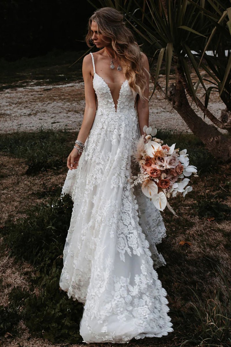 Henley | White Boho A - Line Lace Wedding Dress with Appliques - KissProm