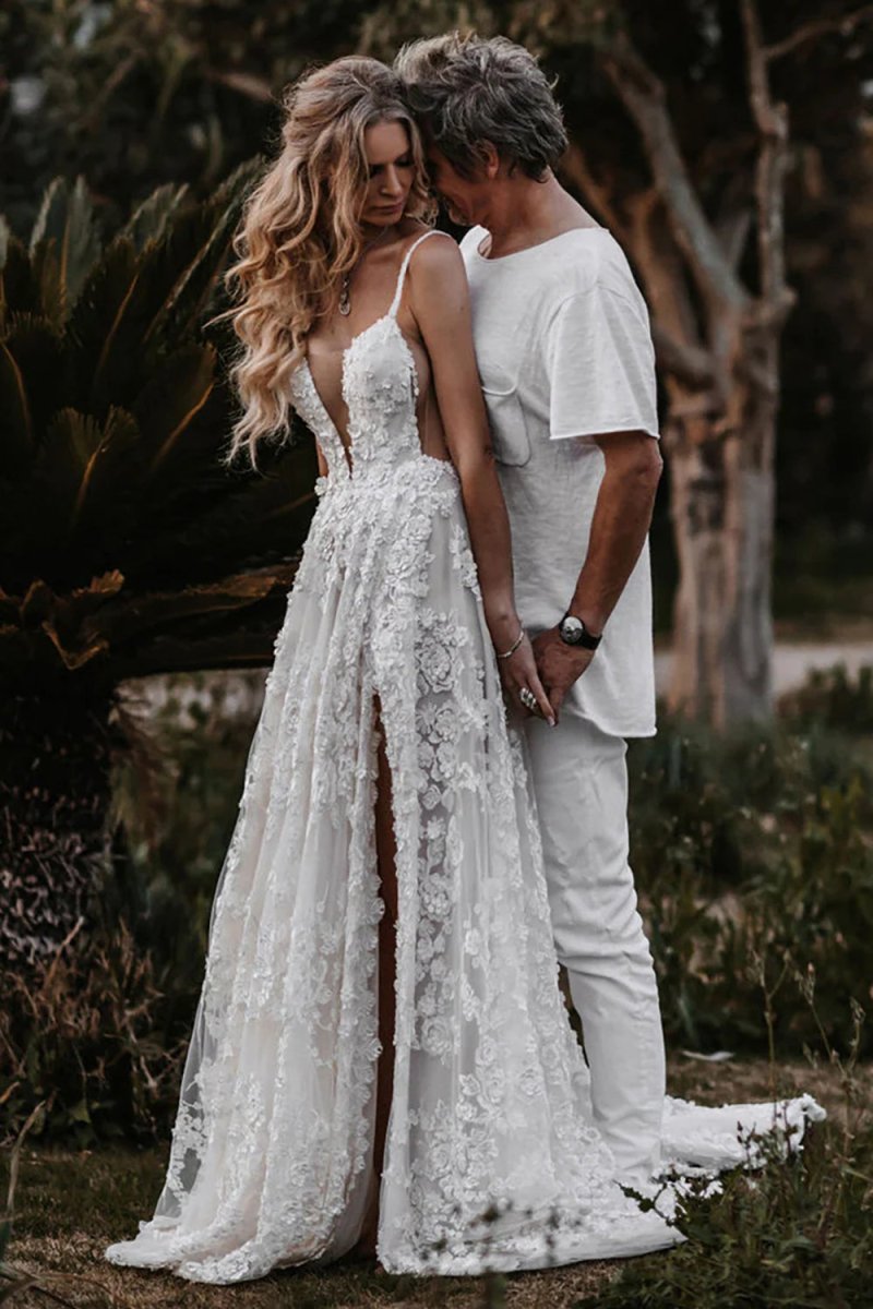 Henley | White Boho A - Line Lace Wedding Dress with Appliques - KissProm