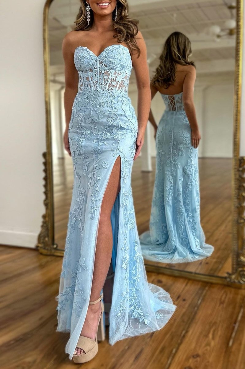 Nyomi |Mermaid Strapless Corset Lace Prom Dress with Slit - KissProm