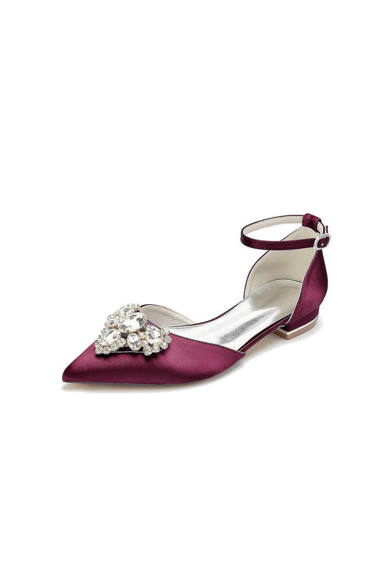 Satin Pointed Toe Ankle Strap Rhinestone Kitten Heels - KissProm