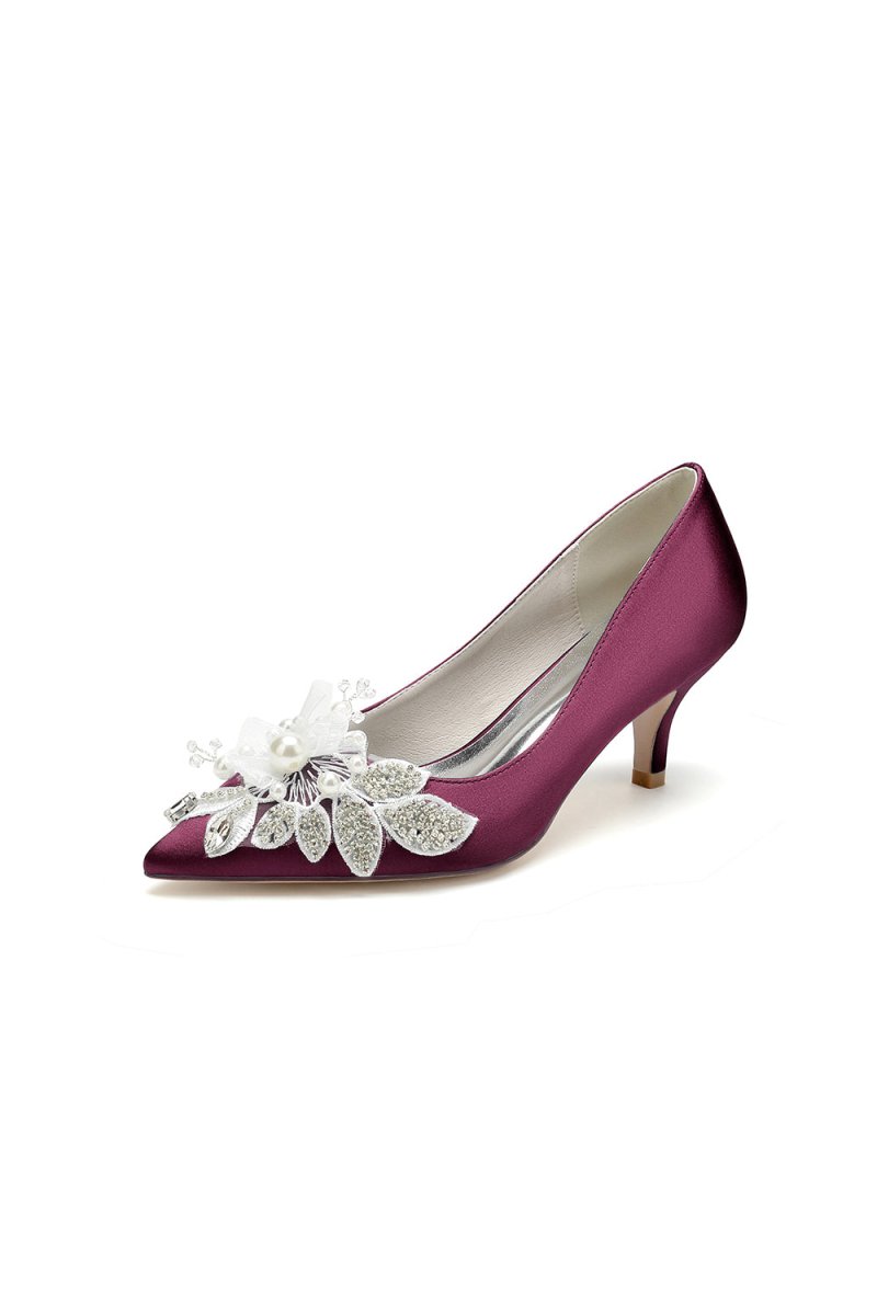 Floral Beading Pointed Toe Satin Kitten Heels - KissProm