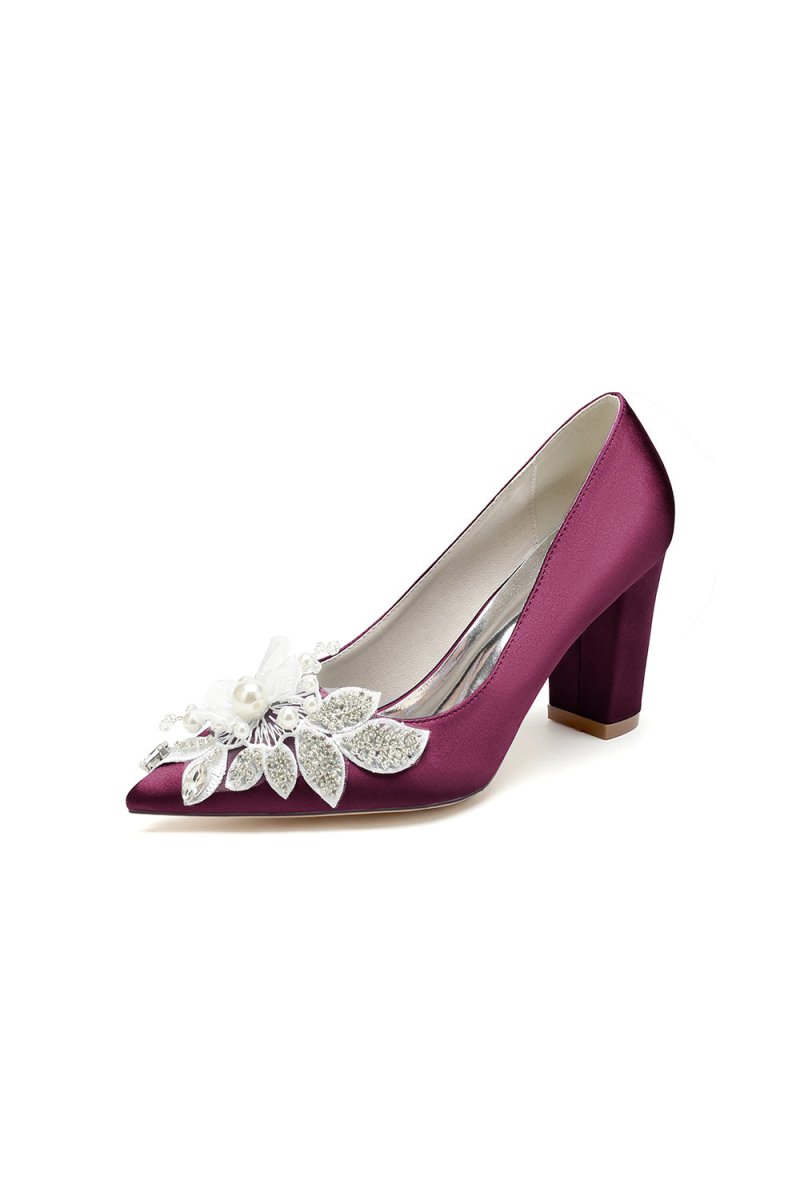 Floral Beaded Pointed Toe Chunky Heel - KissProm