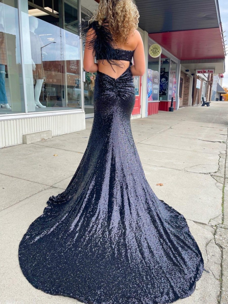 One Shoulder Sparkly Unique Black Mermaid Prom Dress - KissProm