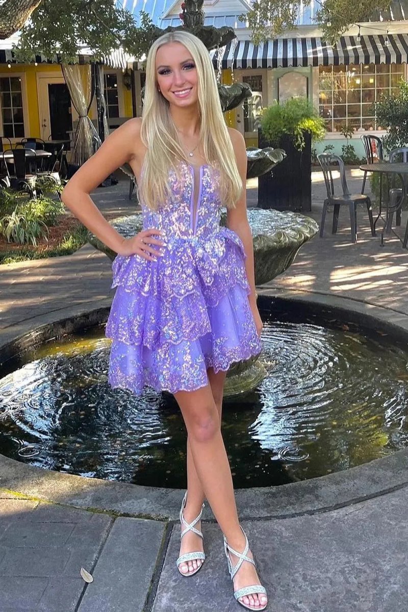 Reneya | Cute A - Line Sweetheart Lilac Sequin Tiered Short Homecoming Dresses - KissProm