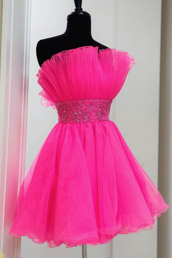 Malinda | Hot Pink Strapless A-line Tulle Homecoming Dress