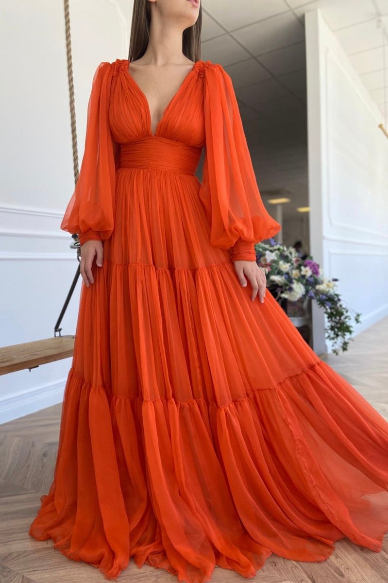 Iyla | Orange Chiffon Floor Length Prom Dress, Long Sleeve Evening Party Dress - KissProm