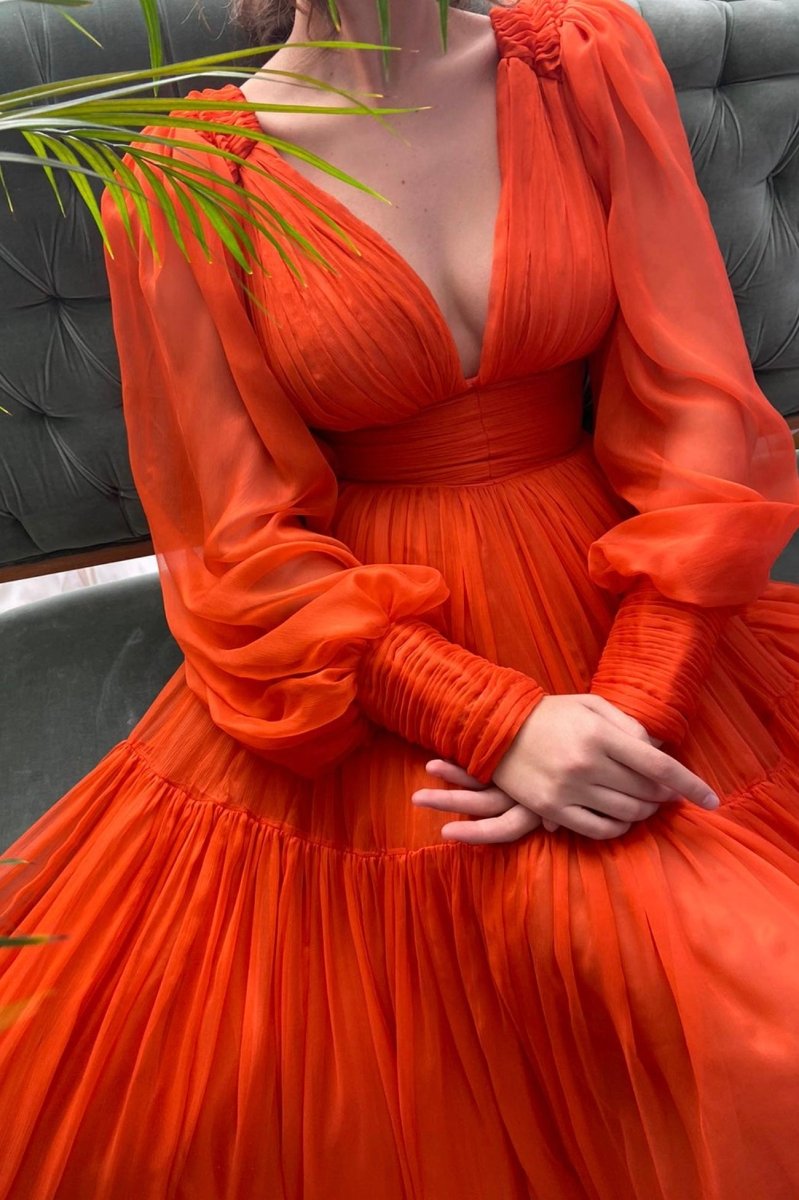 Iyla | Orange Chiffon Floor Length Prom Dress, Long Sleeve Evening Party Dress - KissProm