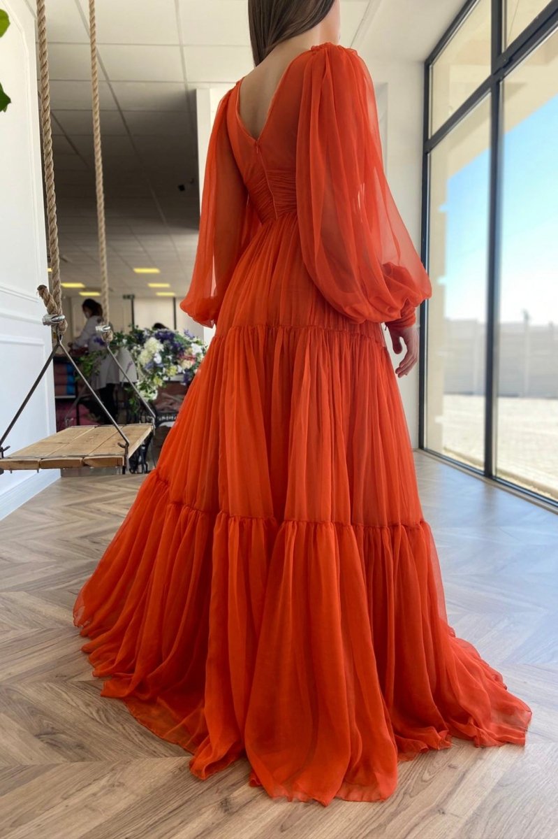 Iyla | Orange Chiffon Floor Length Prom Dress, Long Sleeve Evening Party Dress - KissProm